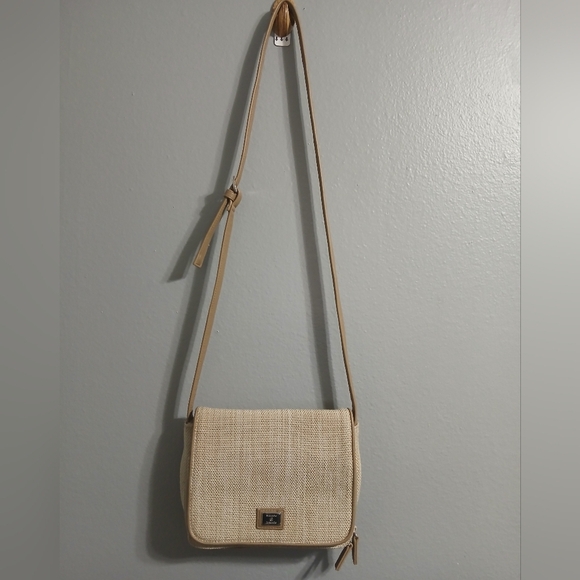 Tan Crossbody Bag with Leather Trim and Flap Closure - Picture 2 of 16